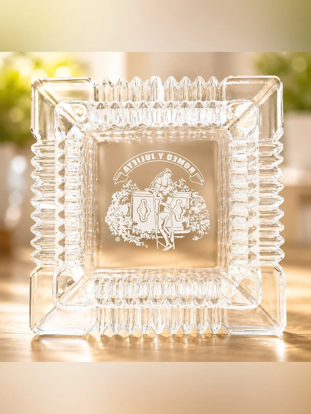 Romeo y Julieta Square Clear Glass Ashtray with Logo, 7” x 7” Tobacco Ashtray